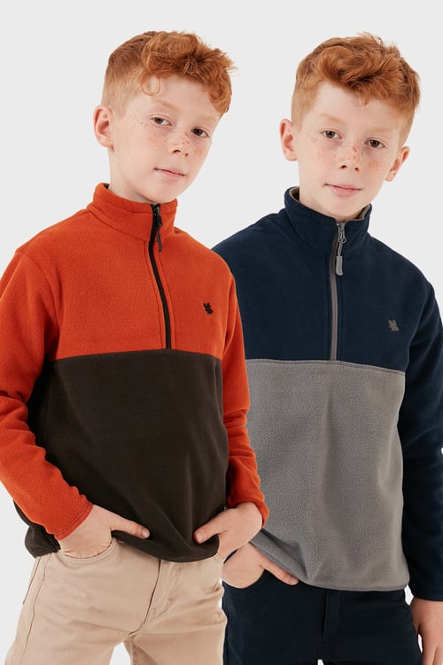 Yumuşak Dokulu Yarım Fermuarlı Renk Bloklu Dik Yaka Unisex Çocuk 2'li Paket Polar 5905004S2 Lacivert Gri-Orange Antrasit