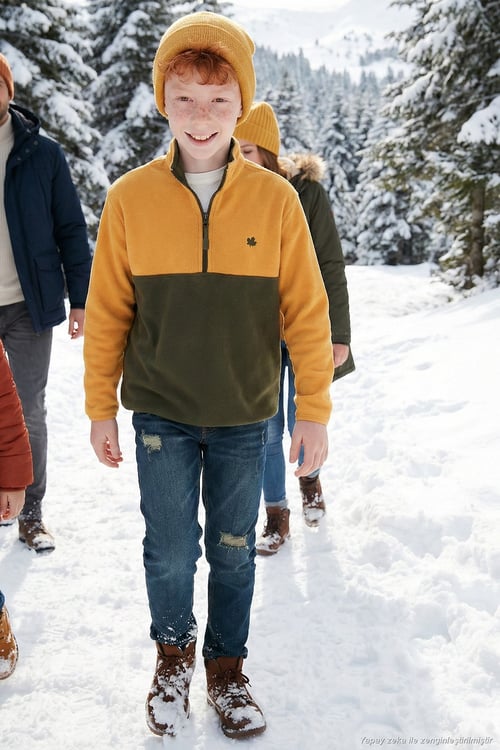Yumuşak Dokulu Yarım Fermuarlı Renk Bloklu Dik Yaka Unisex Çocuk Polar 5905004 HARDAL-HAKİ