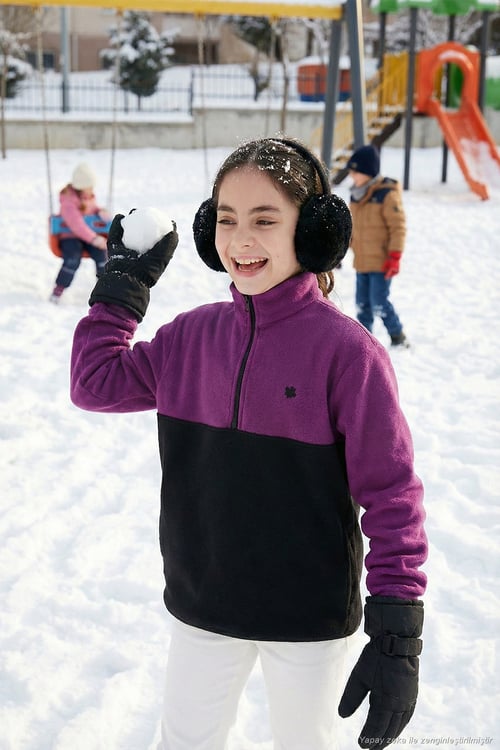 Yumuşak Dokulu Yarım Fermuarlı Renk Bloklu Dik Yaka Unisex Çocuk Polar 5905004 MOR-SİYAH
