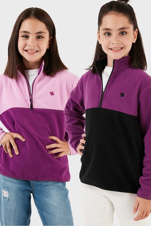 Yumuşak Dokulu Yarım Fermuarlı Renk Bloklu Dik Yaka Unisex Çocuk 2'li Paket Polar 5905004S2 Mor Siyah-Şeker Pembe Mor
