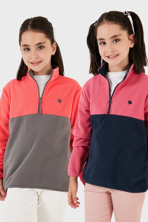 Yumuşak Dokulu Yarım Fermuarlı Renk Bloklu Dik Yaka Unisex Çocuk 2'li Paket Polar 5905004S2 Fuşya Lacivert-Somon Gri