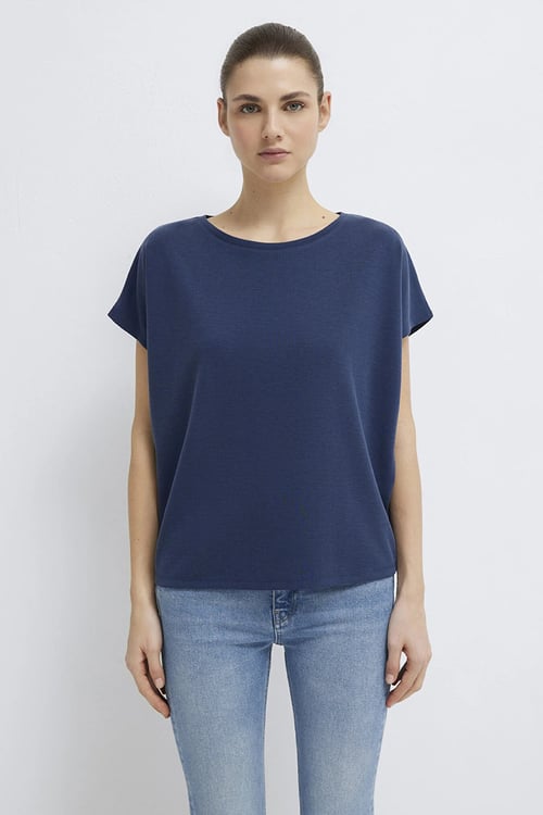 Yuvarlak Yaka Bol Rahat Kadın T Shirt 167245-70487 LACİVERT