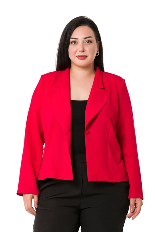 Büyük Beden Yaka Detaylı Vatkalı Astarsız Kısa Kırmızı Ceket