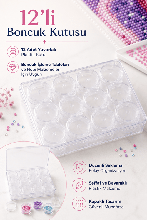 12'li Şeffaf Plastik Boncuk ve Hobi Kutusu, Kapaklı Yuvarlak Saklama Organizeri