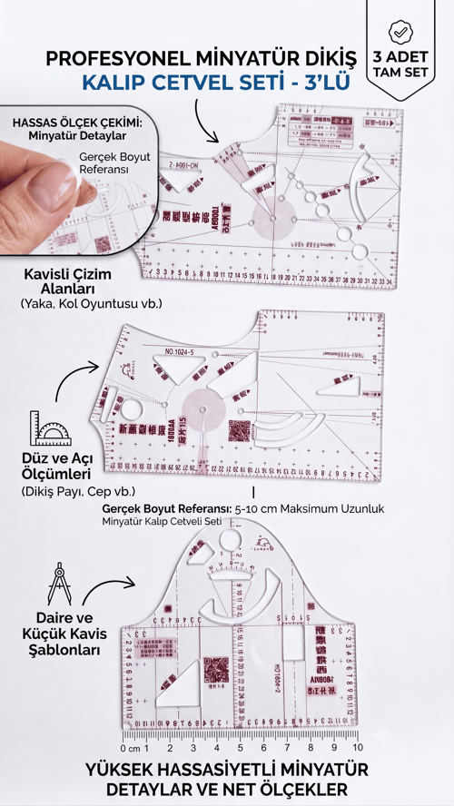 3'lü Şeffaf Minyatür Dikiş ve Kalıp Cetveli Seti - 1:5 Ölçekli Oyuntu ve Çizim Şablonu (Amigurumi, Oyuncak Bebek ve Hobi Uyumlu)