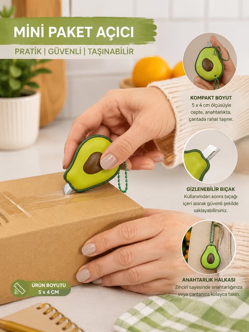 Avokado Mini Paket Açıcı | Gizlenebilir Bıçaklı Anahtarlıklı Koli ve Kargo Açıcı | Mini Maket Bıçağı | 5x4 cm