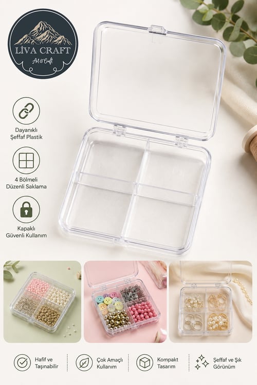 Boncuk ve Takı Düzenleyici Organizer Kapaklı Kutu, 4 Bölmeli Şeffaf Plastik 