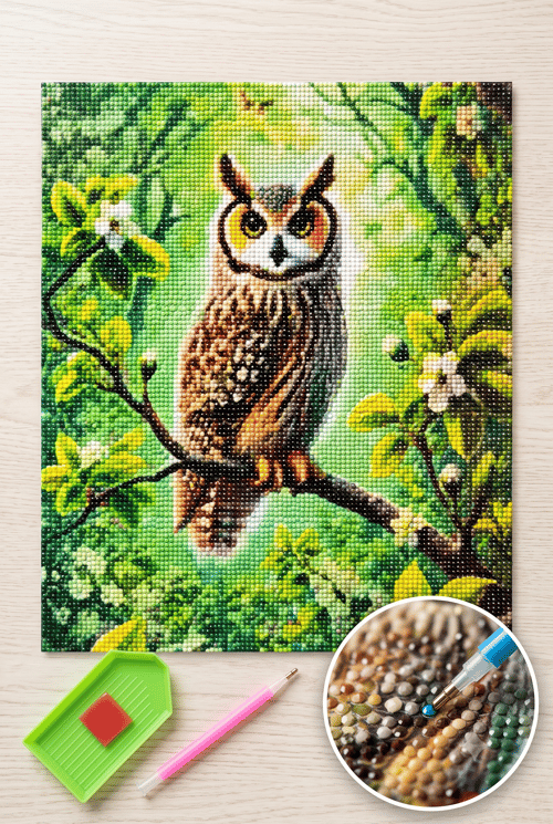 Elmas Mozaik Tablo, 30x30cm Ormandaki Baykuş Boncuk Yapıştırma Kiti  