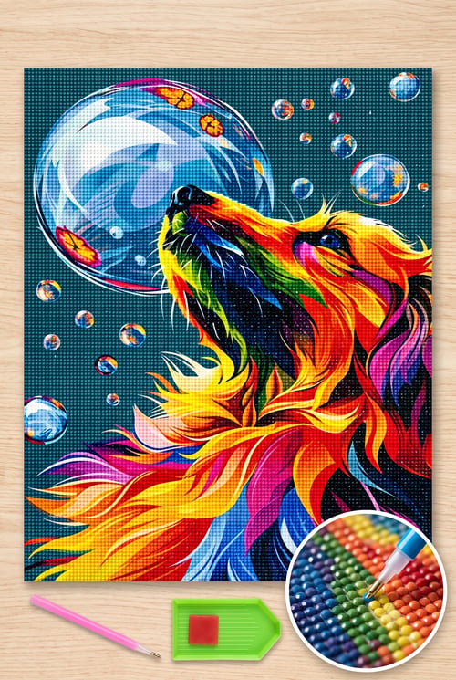 Elmas Mozaik Tablo, 30x40 Renkli Köpek Boncuk Yapıştırma Kiti  