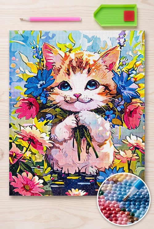 Elmas Mozaik Tablo, 30x40  Sevimli Kedi Boncuk Yapıştırma Kiti  