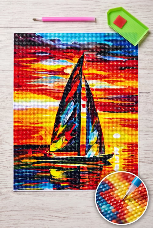 Elmas Mozaik Tablo, 30x40  Yelkenli Boncuk Yapıştırma Kiti  