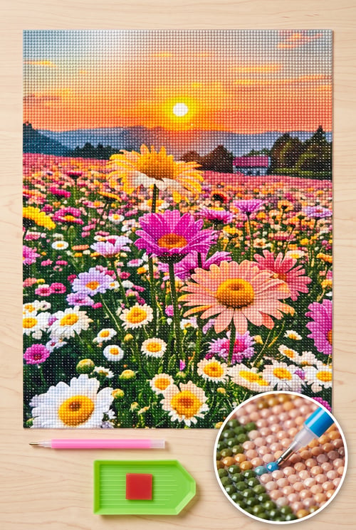 Elmas Mozaik Tablo, 50x40cm Çiçek Tarlası Boncuk Yapıştırma Kiti 