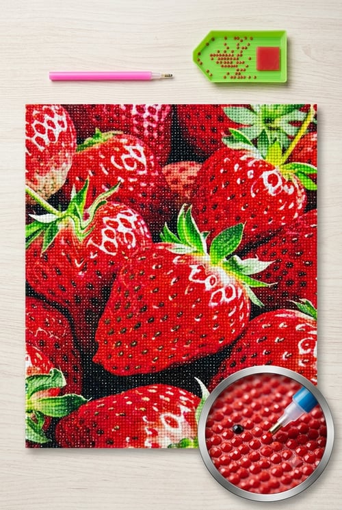 Elmas Mozaik Tablo 50x40cm Çilekler Boncuk Yapıştırma Kiti 