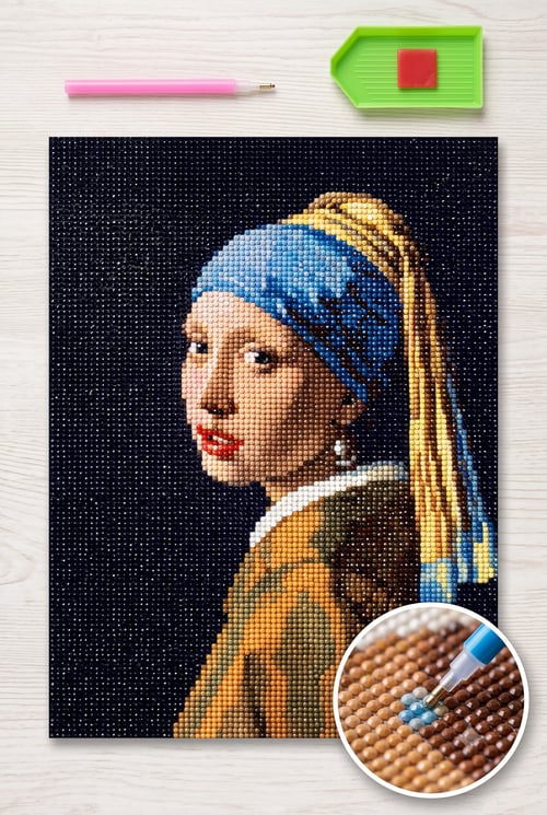 Elmas Mozaik Tablo, 50x40cm Johannes Vermeer İnci Küpeli Kız Boncuk Yapıştırma Kiti 