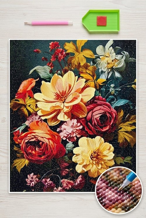 Elmas Mozaik Tablo, 50x40cm Karanlık Çiçekler Boncuk Yapıştırma Kiti 