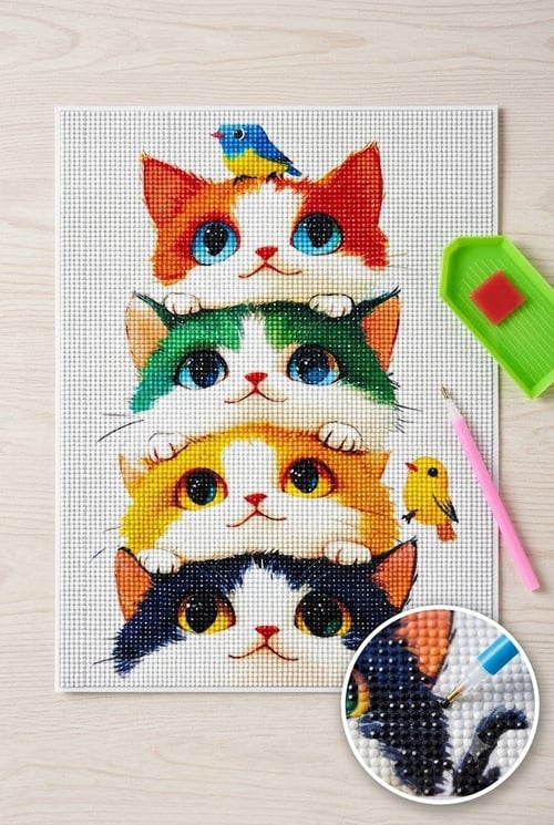 Elmas Mozaik Tablo, 50x40cm Kediler Boncuk Yapıştırma Kiti 