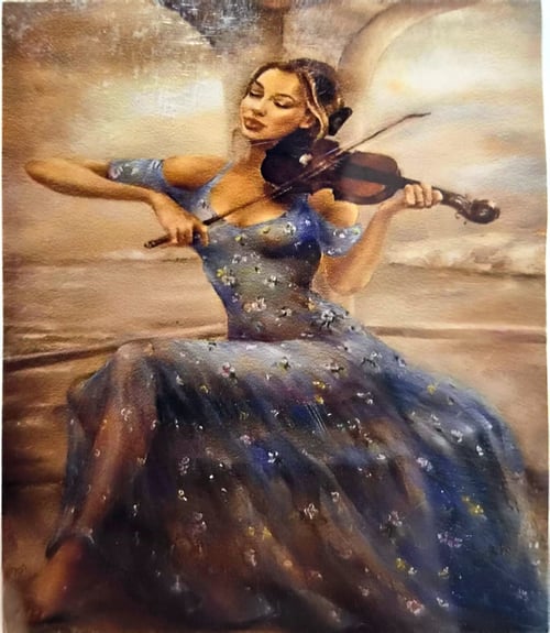 Elmas Mozaik Tablo, 50x40cm Kemancı Kız Boncuk Yapıştırma Kiti 