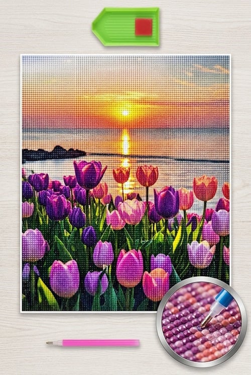 Elmas Mozaik Tablo, 50x40cm Laleler Boncuk Yapıştırma Kiti 