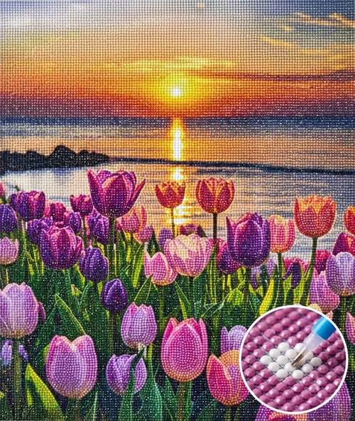 Elmas Mozaik Tablo, 50x40cm Laleler Boncuk Yapıştırma Kiti 