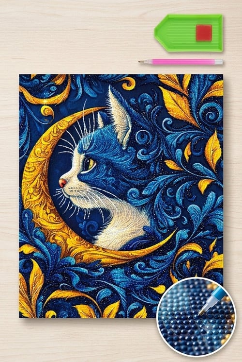 Elmas Mozaik Tablo, 50x40cm Mavi Kedi Boncuk Yapıştırma Kiti 