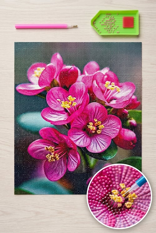Elmas Mozaik Tablo, 50x40cm Pembe Çiçek Boncuk Yapıştırma Kiti 