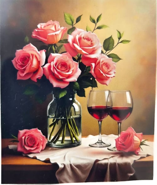 Elmas Mozaik Tablo, 50x40cm Pembe Güller Boncuk Yapıştırma Kiti 