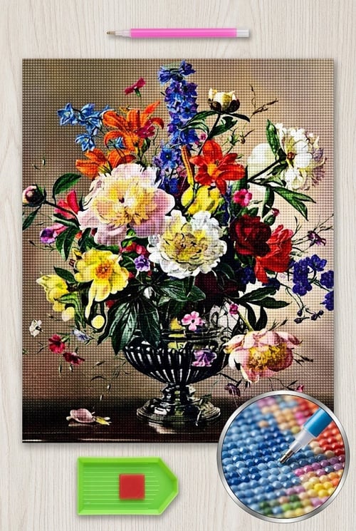 Elmas Mozaik Tablo, 50x40cm Vazoda Çiçekler Boncuk Yapıştırma Kiti 