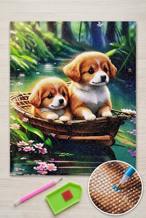 Elmas Mozaik Tablo, 50x40cm Yavru Köpekler Boncuk Yapıştırma Kiti 
