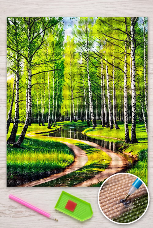 Elmas Mozaik Tablo, 50x40cm Yeşil Orman Boncuk Yapıştırma Kiti 
