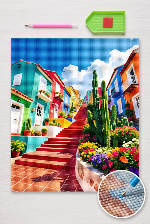 Elmas Mozaik Tablo, 50x65cm Merdiven ve Renkli Evler Boncuk Yapıştırma Kiti 
