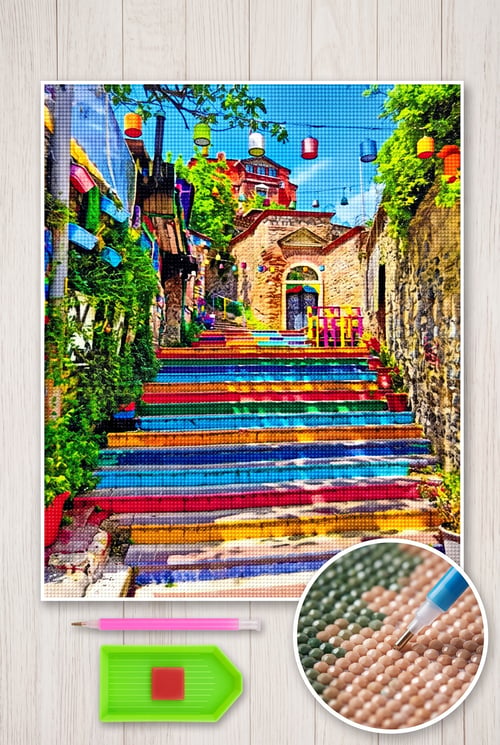 Elmas Mozaik Tablo, 50x65cm Renkli Merdiven Boncuk Yapıştırma Kiti 