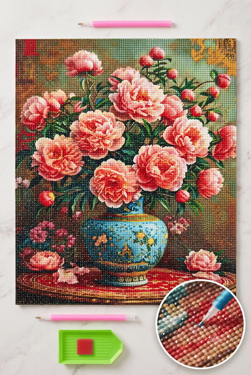 Elmas Mozaik Tablo, 50x65cm Vazoda Güller Boncuk Yapıştırma Kiti 