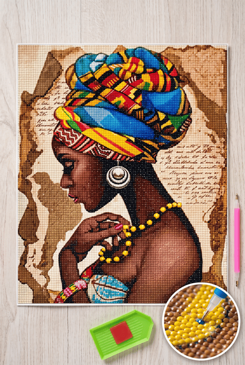 Elmas Mozaik Tablo, Elmas Boyama Puzzle 40 x 50 cm Afrikalı Kadın Boncuk İşleme