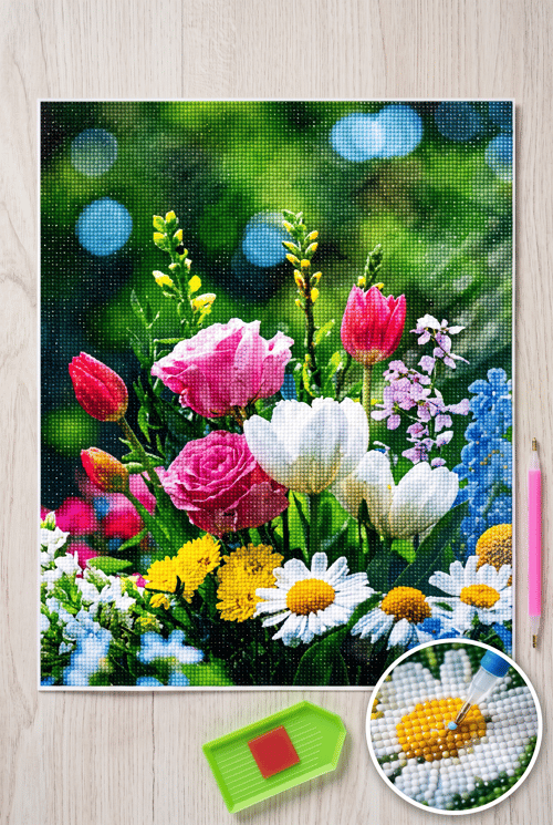 Elmas Mozaik Tablo, Elmas Boyama Puzzle 50 x 65 Çiçek Buketi Boncuk İşleme