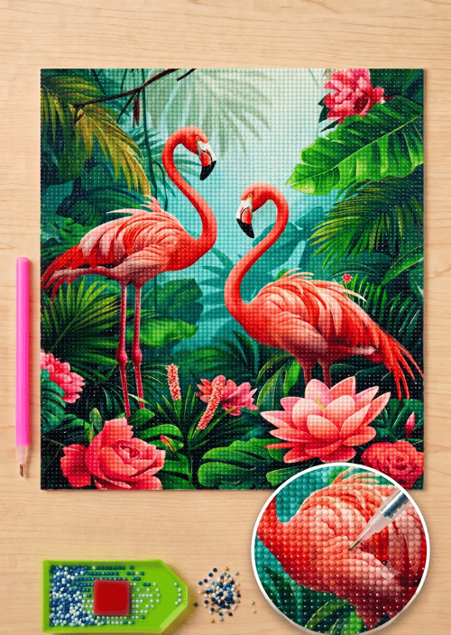 Elmas Mozaik Tablo, Elmas Boyama Puzzle 50 x 65 Amazon'da Flamingolar Boncuk İşleme