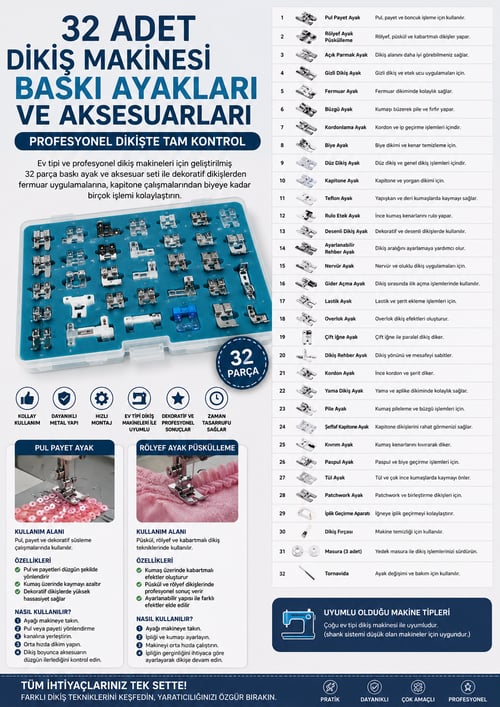 Ev Tipi Dikiş Makinesi Ayak Seti, Geliştirilmiş Yeni 32'li Set