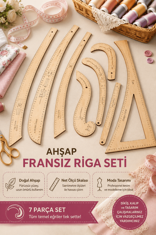 Fransız Dikiş Cetvel Seti 7 Adet, Ahşap Riga Seti, Ölçü Baskılı Dikiş Cetveli