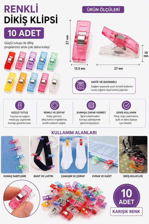 Kumaş Klipsi Küçük Boy 10'lu, Kumaş Sabitleme Mandalı, Patchwork Klipsi
