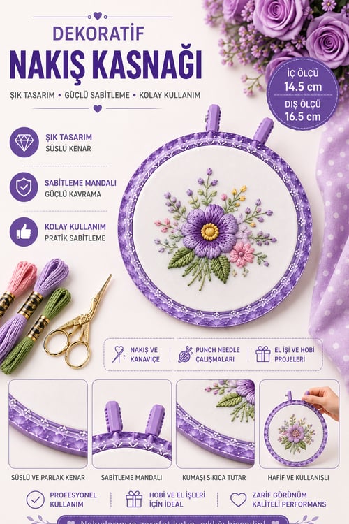 Mandallı Mor Dekoratif Nakış Kasnağı, Kristal Görünüm - 14.5 cm