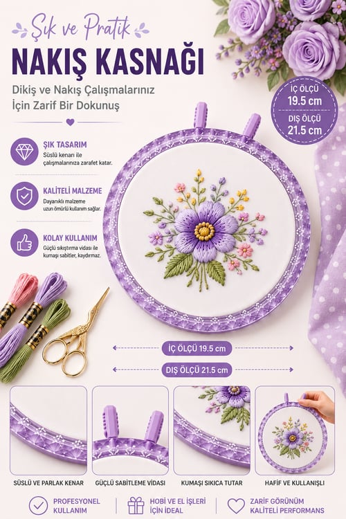 Mandallı Mor Dekoratif Nakış Kasnağı, Kristal Görünüm - 19.5 cm