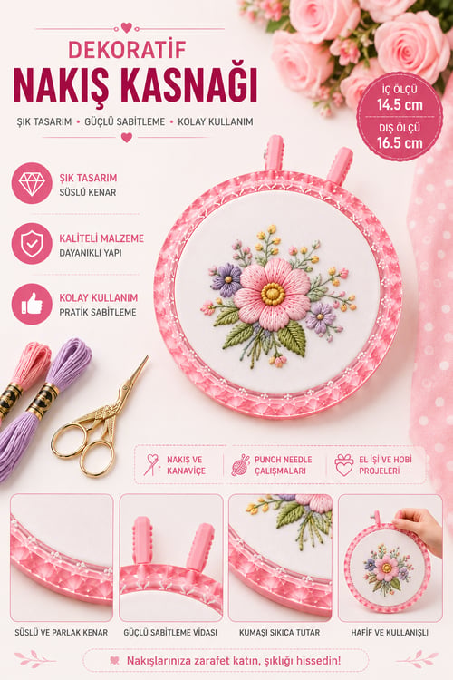 Mandallı Pembe Dekoratif Nakış Kasnağı, Kristal Görünüm - 14.5 cm