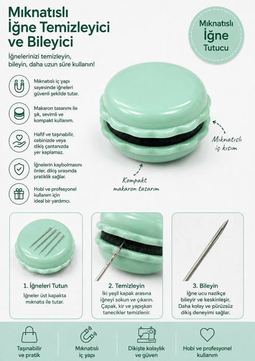 Mıknatıslı İğne Tutucu Makaron Tasarımlı, Temizleyici ve Bileyici, İğnedenlik