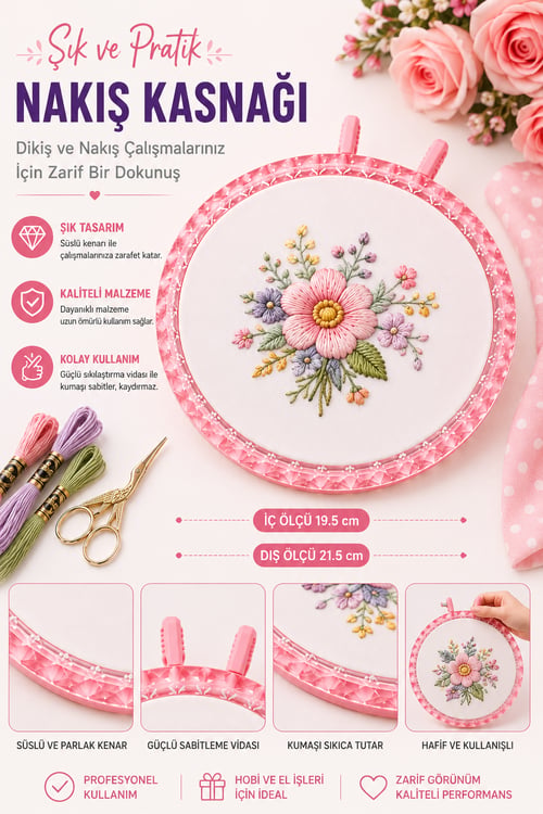 Pembe Dekoratif Nakış Kasnağı - Kristal Görünüm