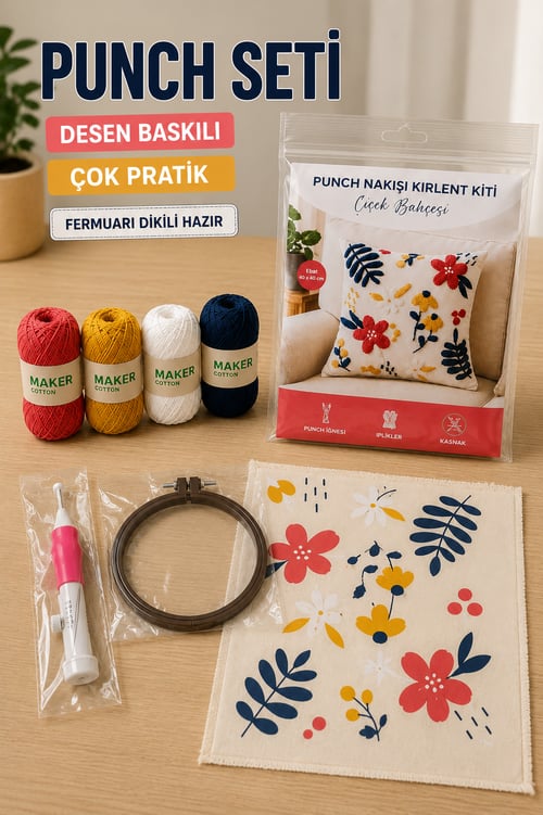 Punch Seti, Desen Baskılı Kırlent Nakış Kiti, Başlangıç Seviyesi Çok Pratik