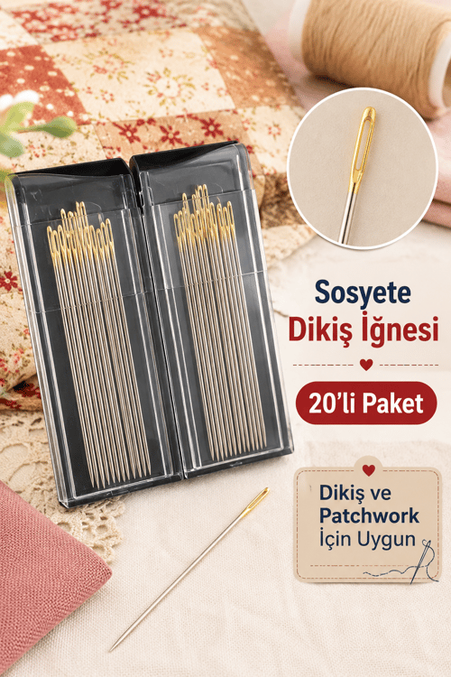 Sosyete Dikiş İğnesi Altın Başlı, İri Delikli İğne 20 Adet