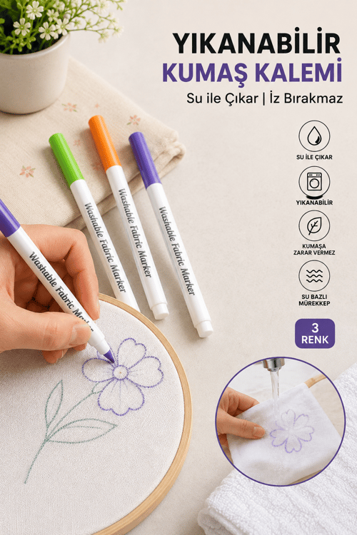 Su İle Uçan Kumaş Kalemi 3 Renk Bir Arada - Renkli Dikiş, Nakış ve Terzi Kalemi