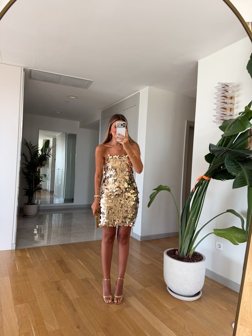  Payetli Askılı Elbise - Gold