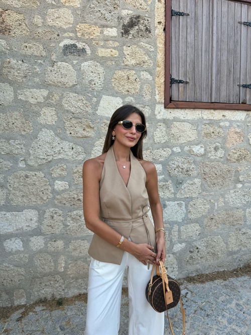 Alessa Halter Yaka Çıt Çıtlı İpli Bluz-Camel