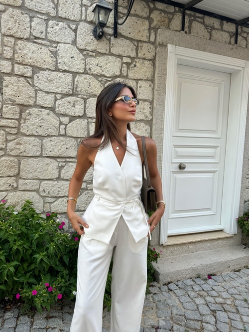 Alessa Halter Yaka Çıt Çıtlı İpli Bluz-Ekru