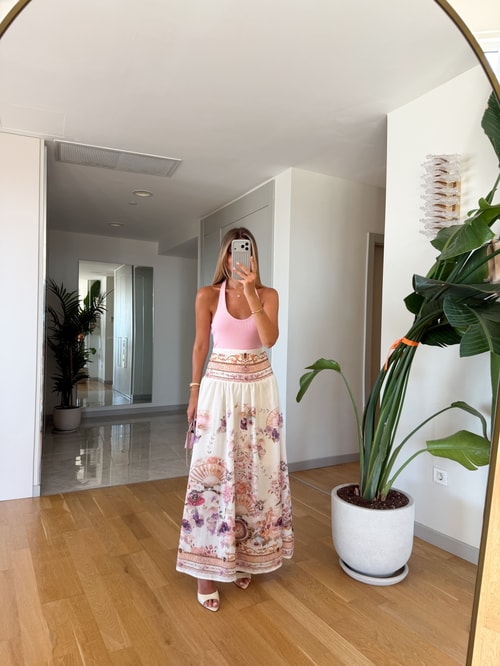 Amira Çiçek Desenli Maxi Etek - Ekru
